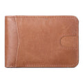 RFID-blocking men's leather wallet in compact European style with money compartment and card slots