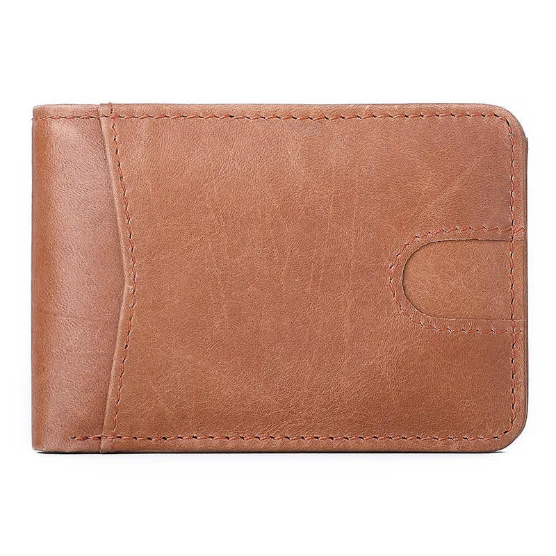 RFID-blocking men's leather wallet in compact European style with money compartment and card slots