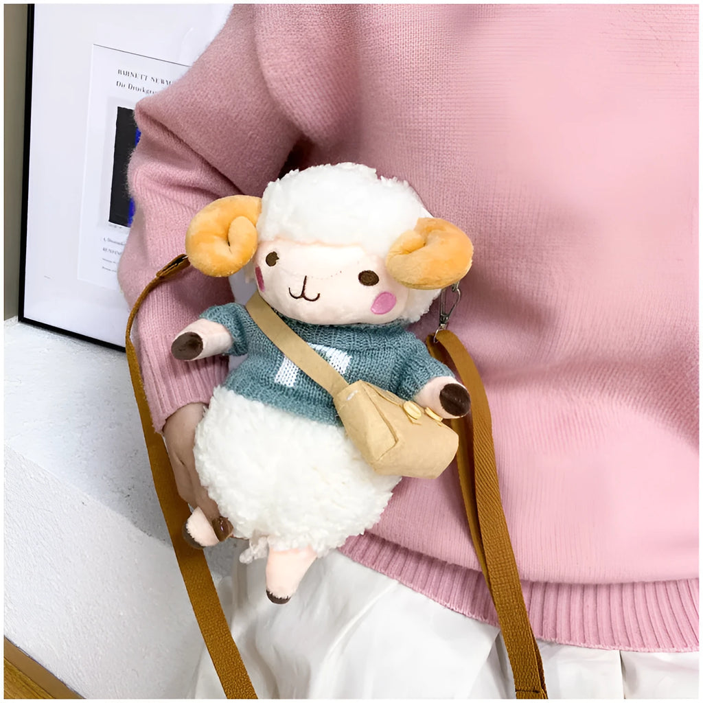 Little Sheep plush crossbody bag in small square design with zip opening