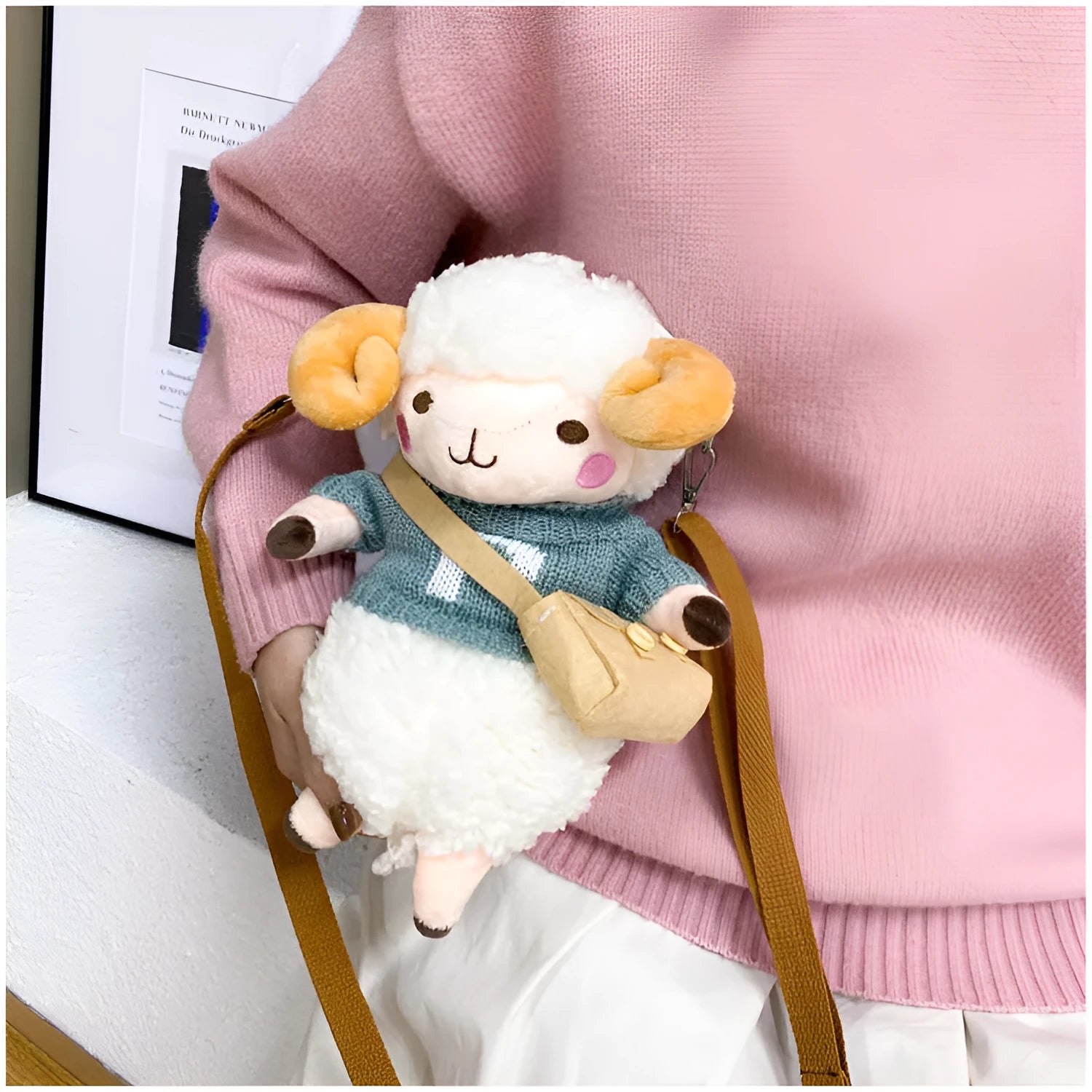 Little Sheep plush crossbody bag in small square design with zip opening