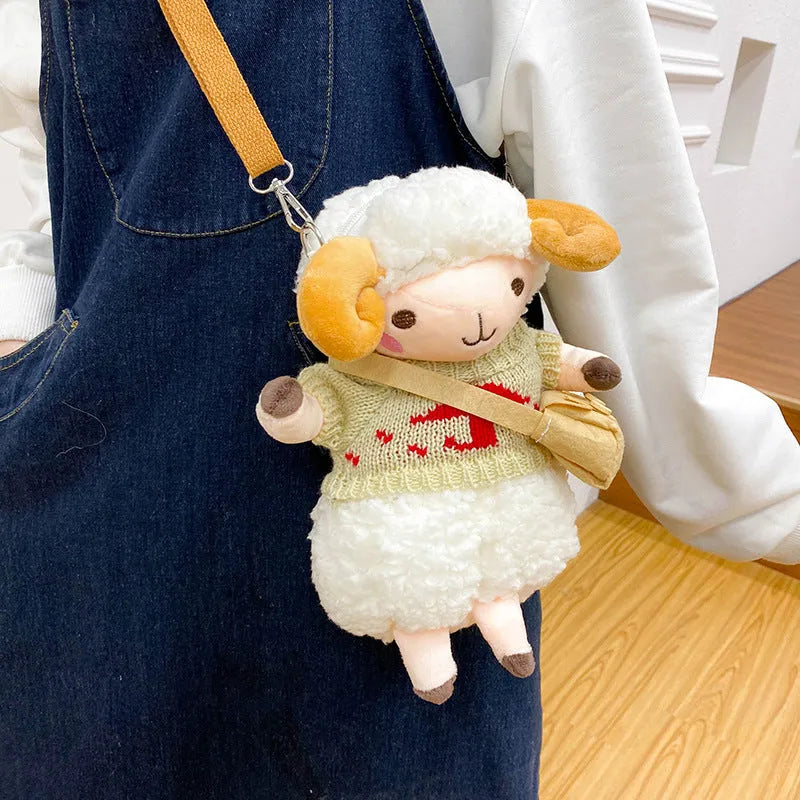 Little Sheep plush crossbody bag in small square design with zip opening