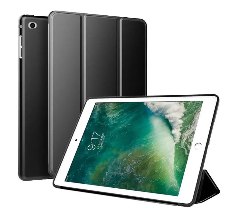 Black TPU clamshell case with built-in silicone stand for a 9.7-inch iPad Air 2 tablet.