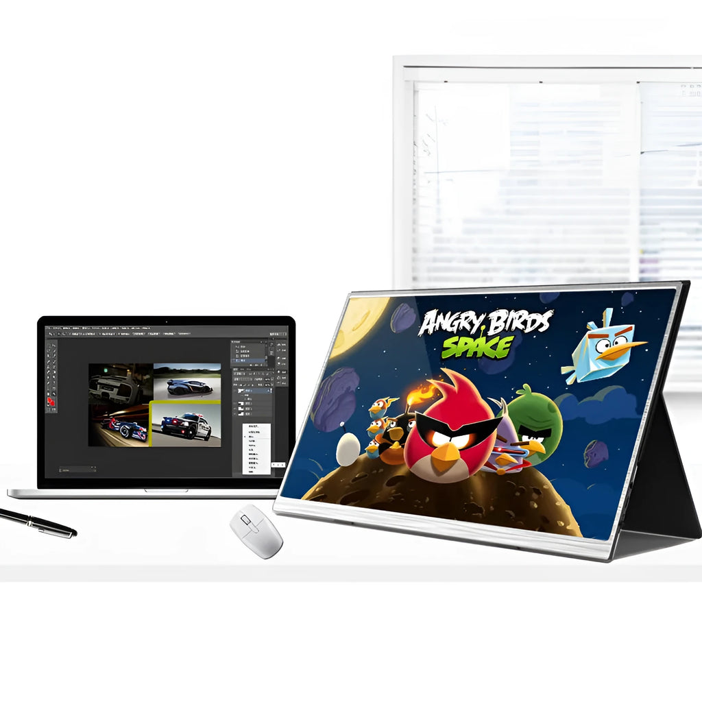 15-inch portable computer monitor with thin bezels showing connected HDMI and USB-C cables