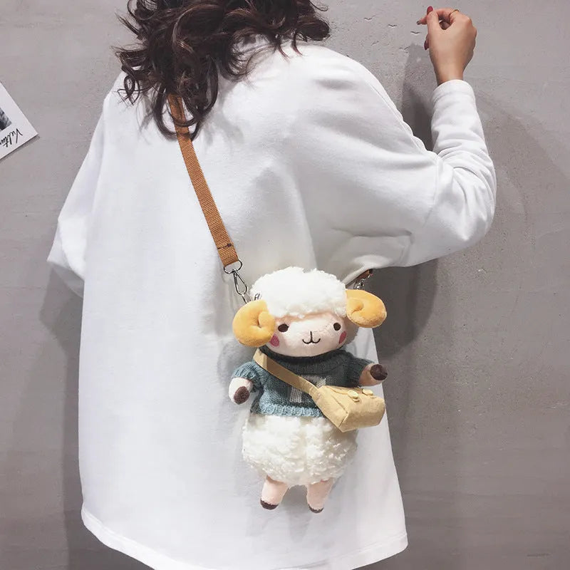Little Sheep plush crossbody bag in small square design with zip opening