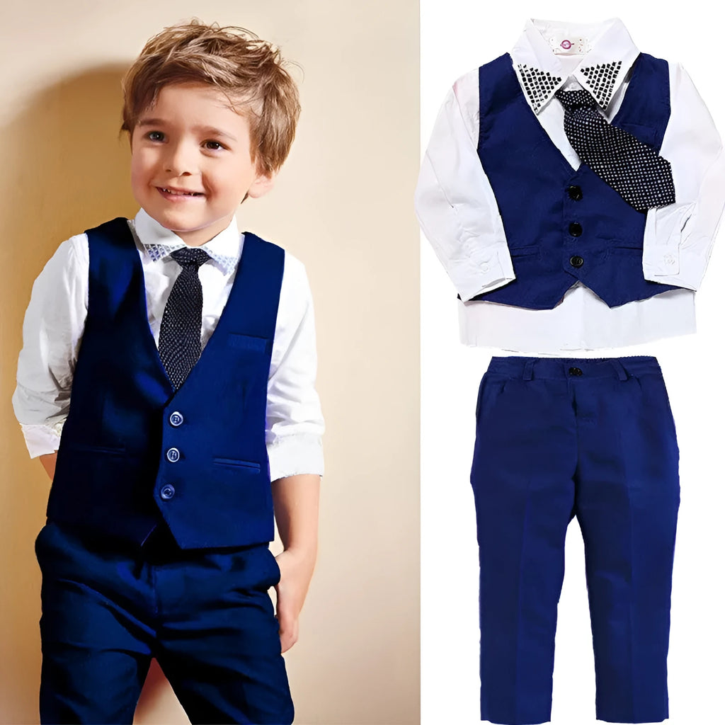 Blue boys smart casual suit set with turtleneck, vest, tie, and trousers for toddlers sizes 2T to 7T