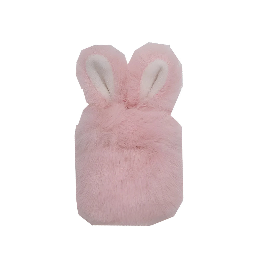 Soft pink silicone AirPods protective cover with rabbit ears design on a white earbud