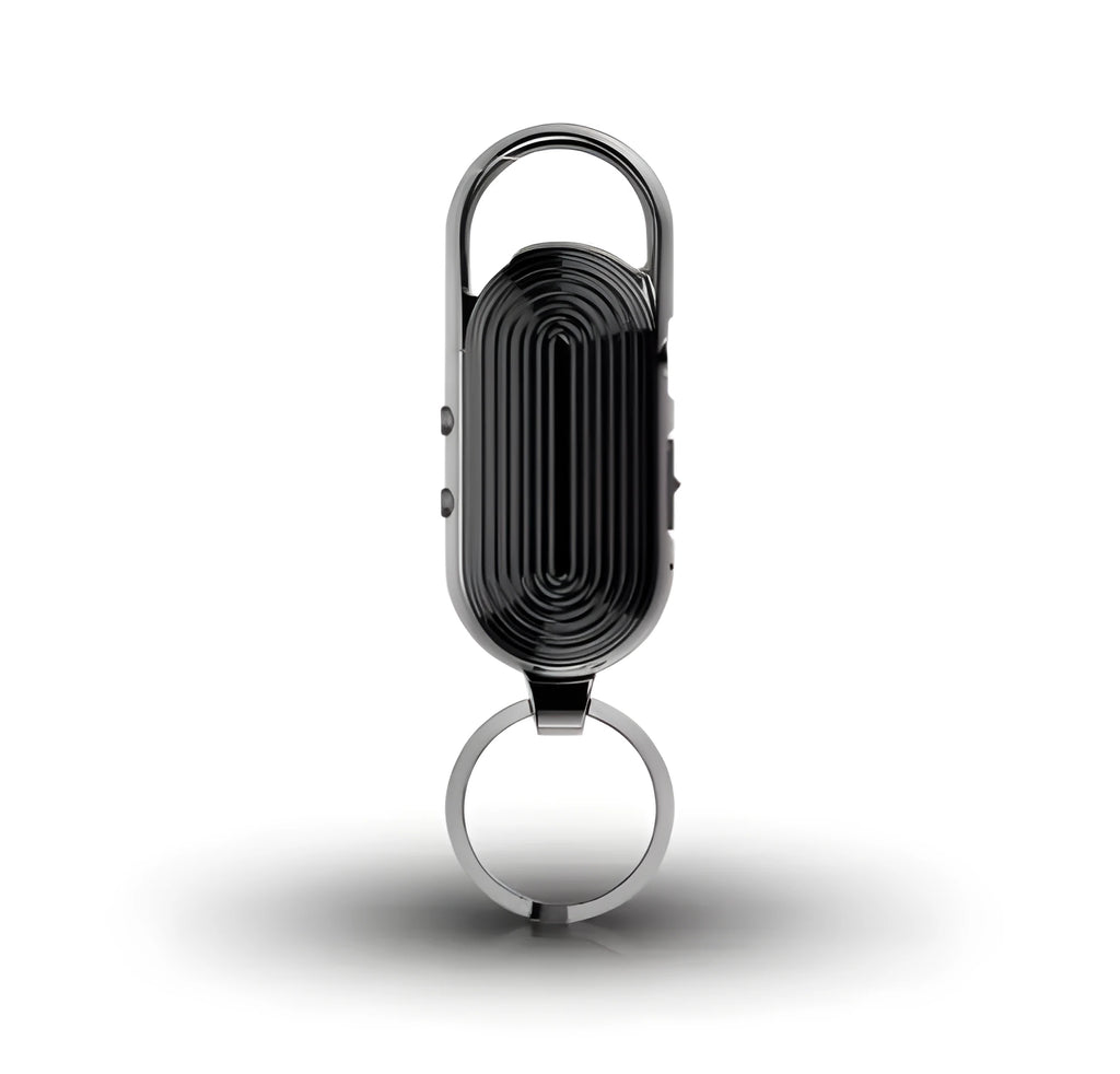 Black portable voice recorder with zinc alloy shell, USB port, and recording controls