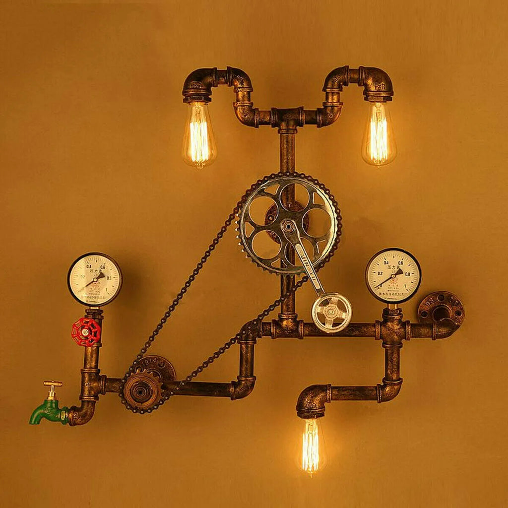 Red steampunk industrial 3/4 light switch valve with copper brass construction and threaded mini tee design
