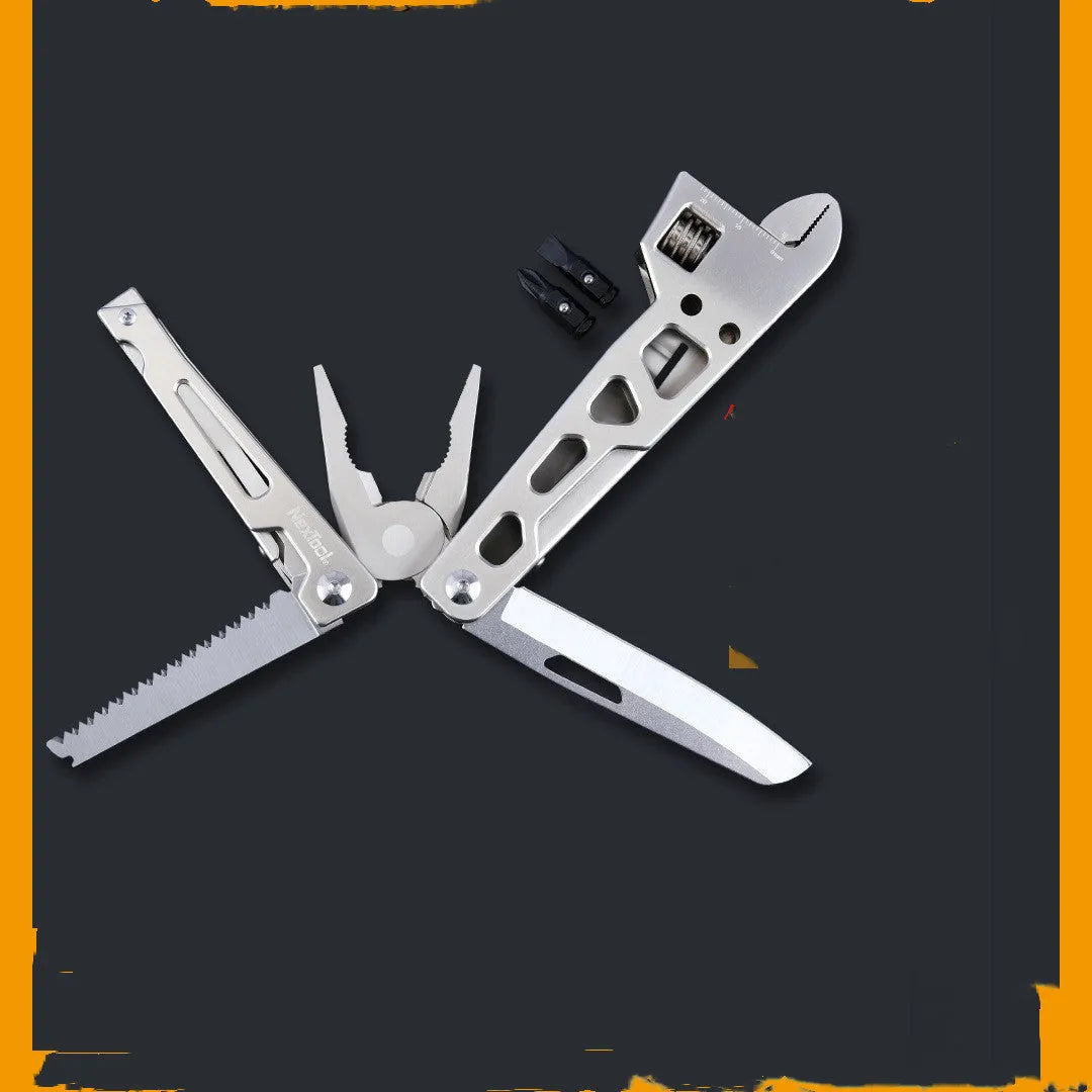 White stainless steel multi-function tool showing wrench, knife blade, and needle nose pliers