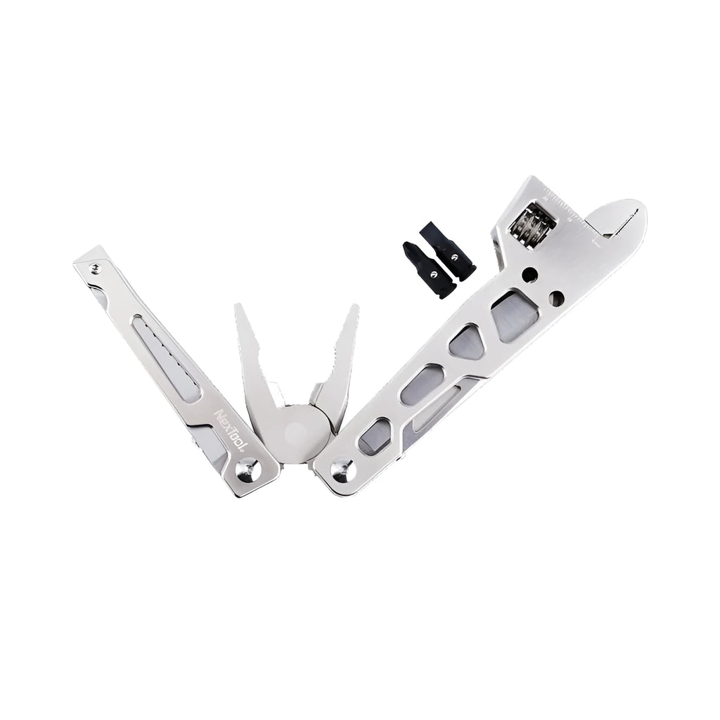 White stainless steel multi-function tool showing wrench, knife blade, and needle nose pliers