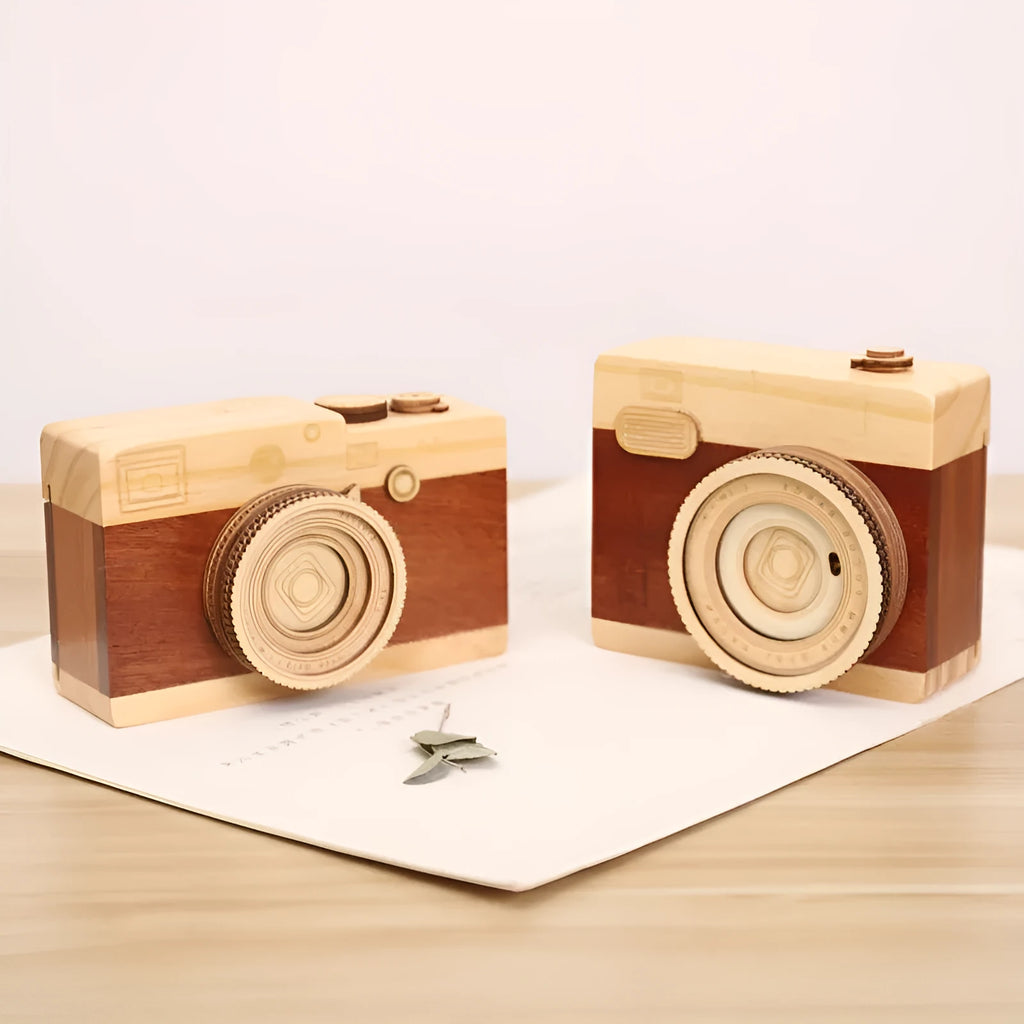 Wooden camera-themed music box with rotating mechanism on pine wood base