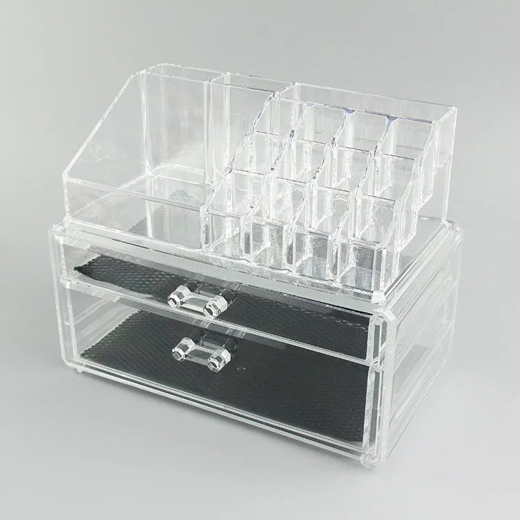 Clear acrylic makeup storage case with transparent sides showing cosmetic organisation