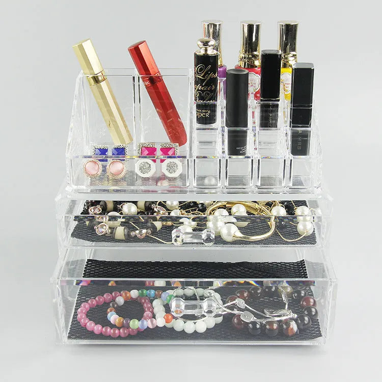 Clear acrylic makeup storage case with transparent sides showing cosmetic organisation