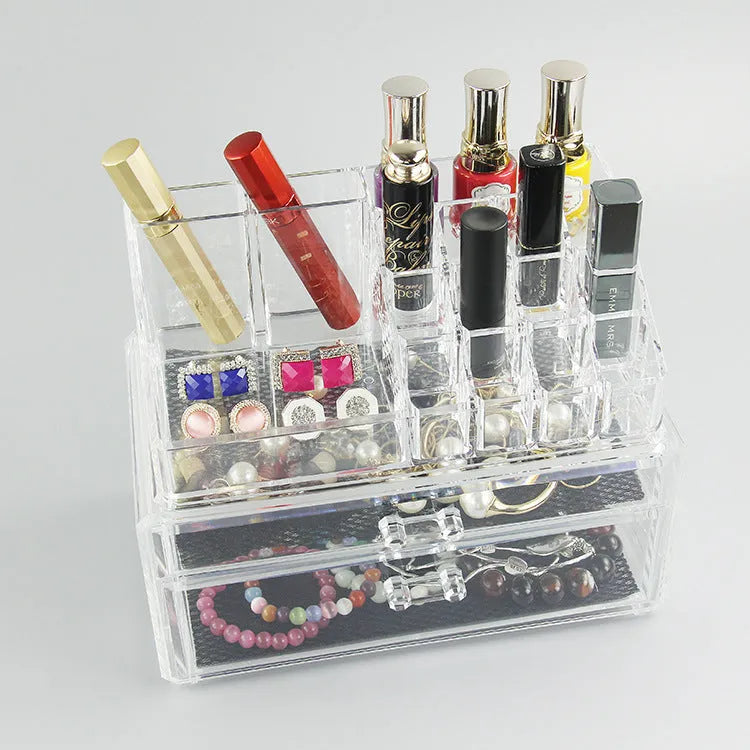 Clear acrylic makeup storage case with transparent sides showing cosmetic organisation