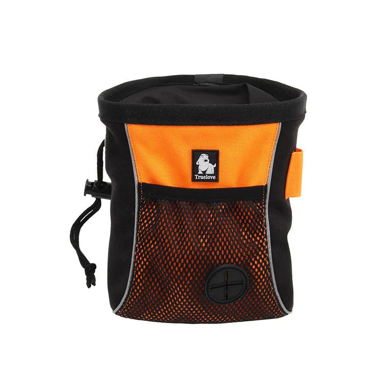 Green waterproof dog training waist bag with a removable waste bag compartment, shown on a person's waist.
