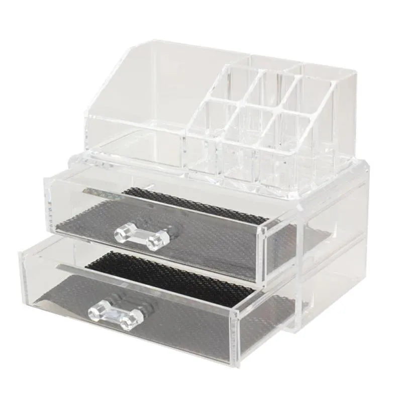 Clear acrylic makeup storage case with transparent sides showing cosmetic organisation