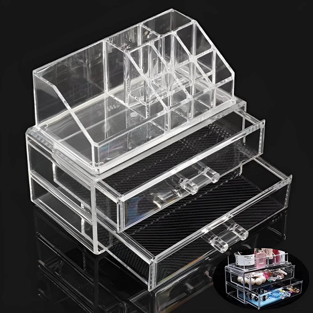 Clear acrylic makeup storage case with transparent sides showing cosmetic organisation