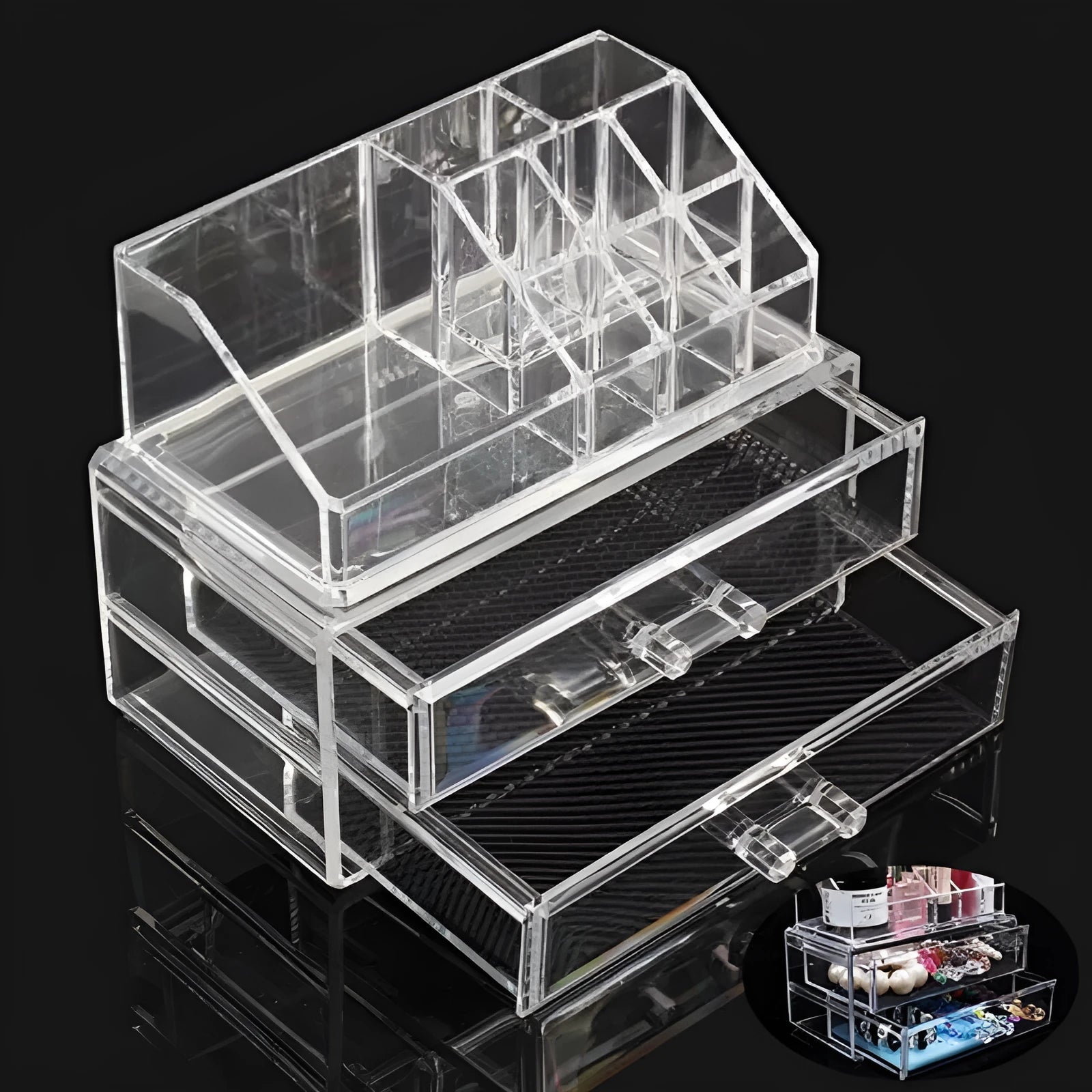 Clear acrylic makeup storage case with transparent sides showing cosmetic organisation