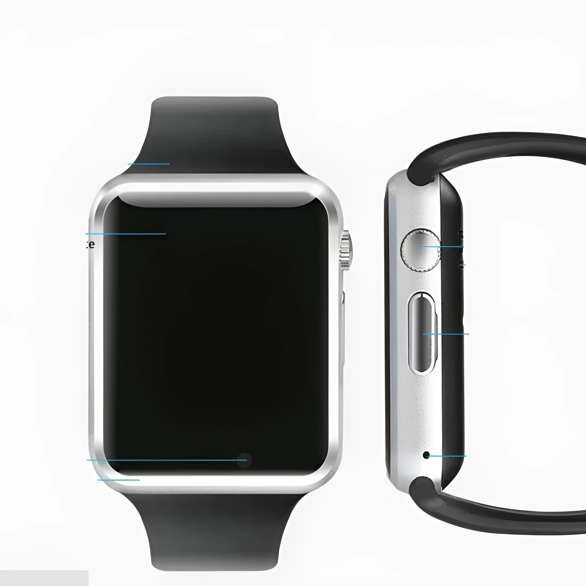 A1 Android smart watch with 1.54-inch screen, shown in available colours: black, silver, white, gold, pink, red, green, blue.