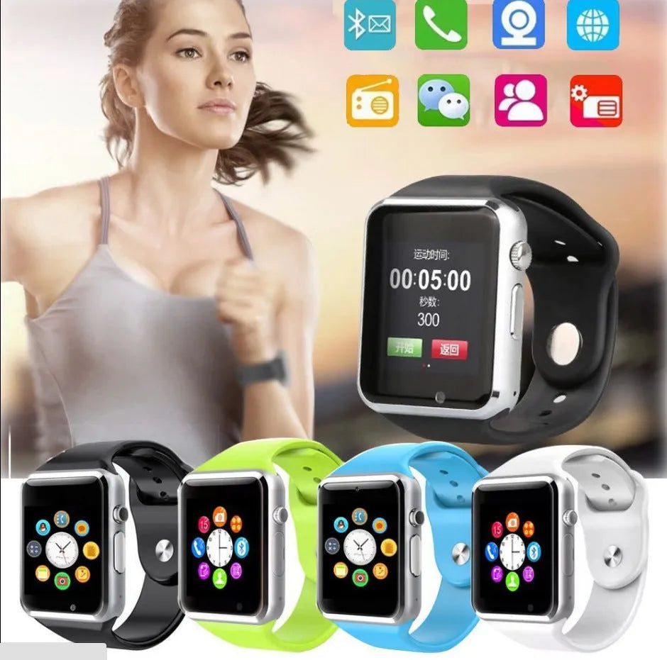 A1 Android smart watch with 1.54-inch screen, shown in available colours: black, silver, white, gold, pink, red, green, blue.