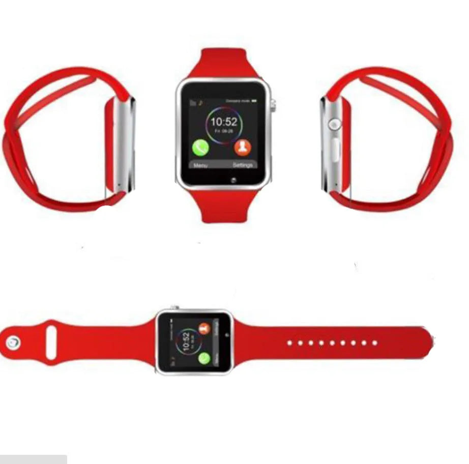 A1 Android smart watch with 1.54-inch screen, shown in available colours: black, silver, white, gold, pink, red, green, blue.