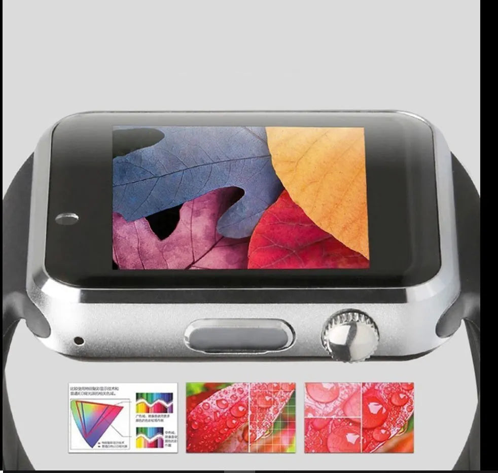 A1 Android smart watch with 1.54-inch screen, shown in available colours: black, silver, white, gold, pink, red, green, blue.