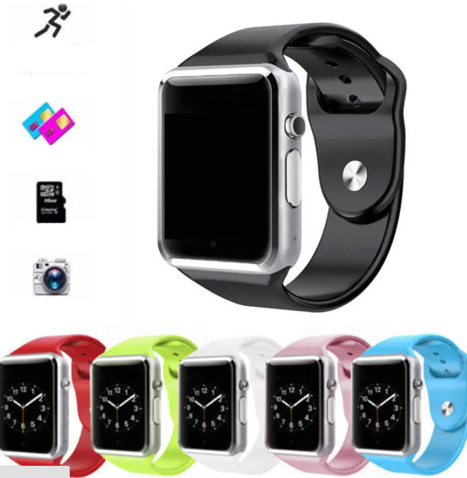A1 Android smart watch with 1.54-inch screen, shown in available colours: black, silver, white, gold, pink, red, green, blue.