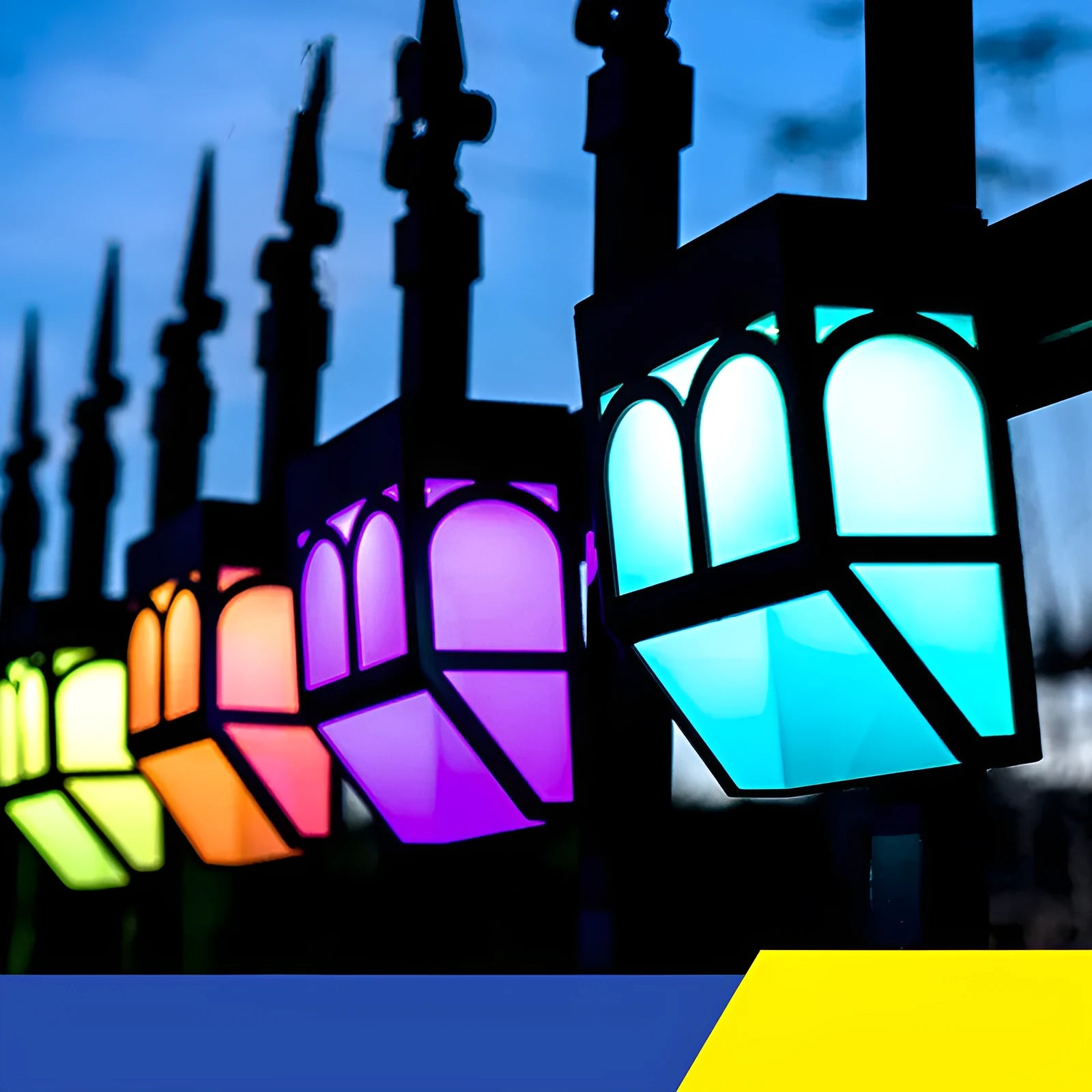Square white solar-powered outdoor wall lamp with LED light, mounted on a fence post.