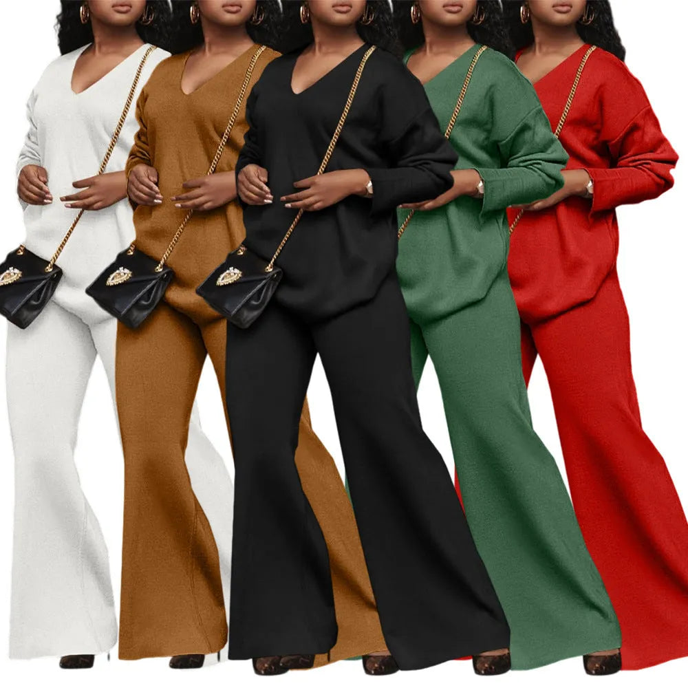 Women's brown suede velvet two-piece lounge suit with split sleeves on the long-sleeved top.