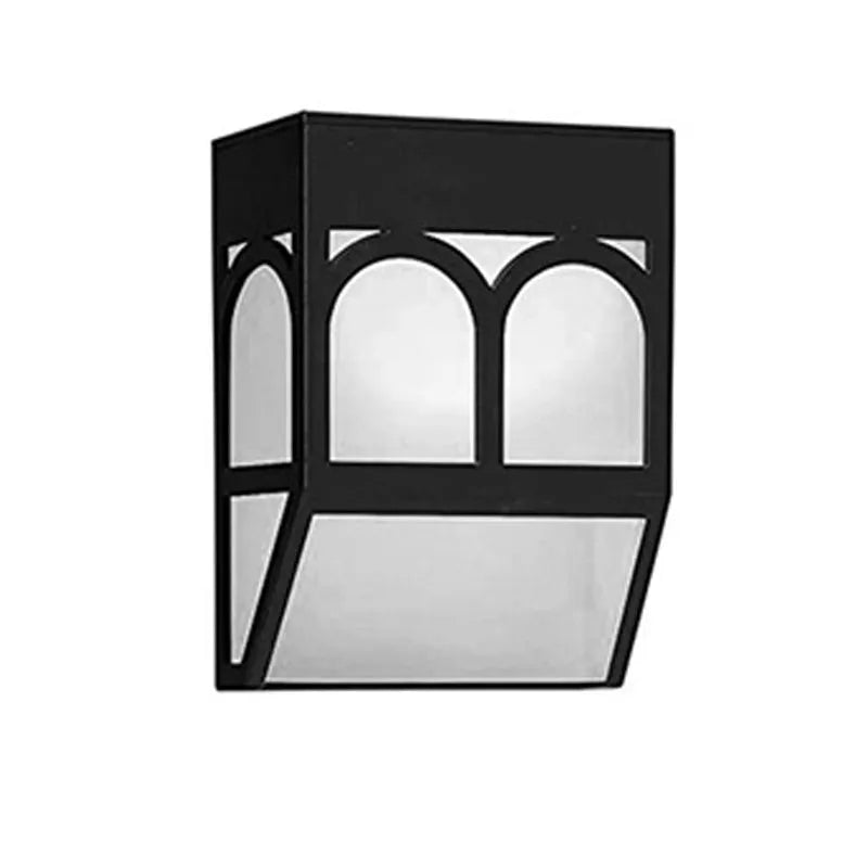 Square white solar-powered outdoor wall lamp with LED light, mounted on a fence post.