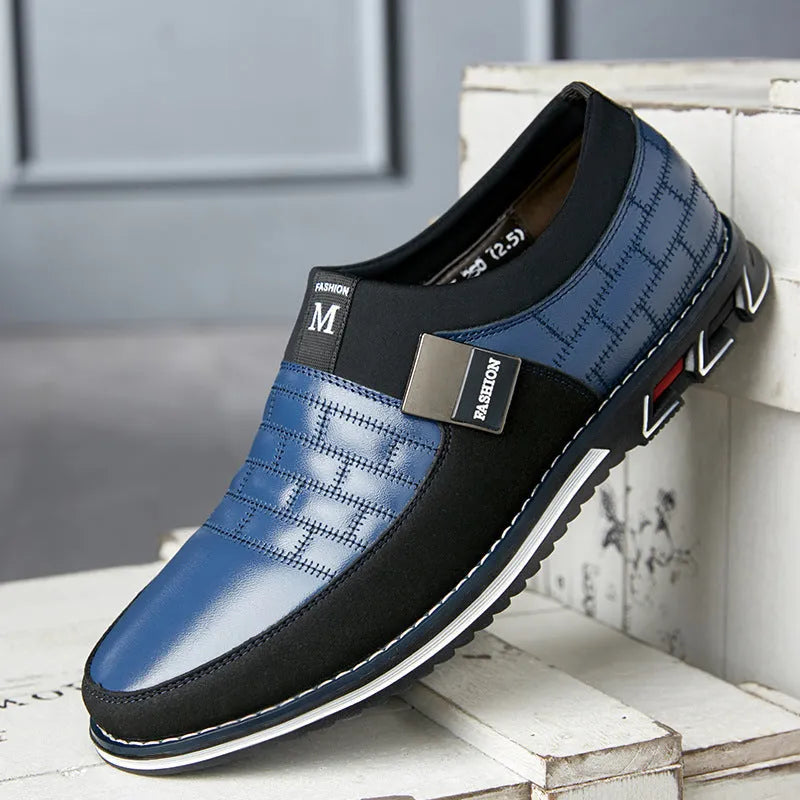 Men's black leather casual low-top shoes shown from the side