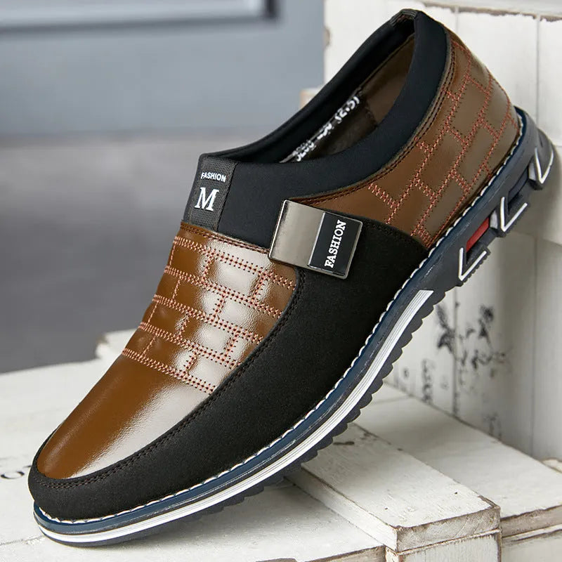 Men's black leather casual low-top shoes shown from the side