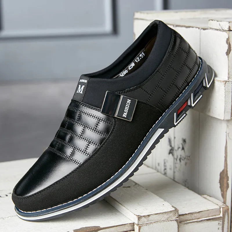 Men's black leather casual low-top shoes shown from the side