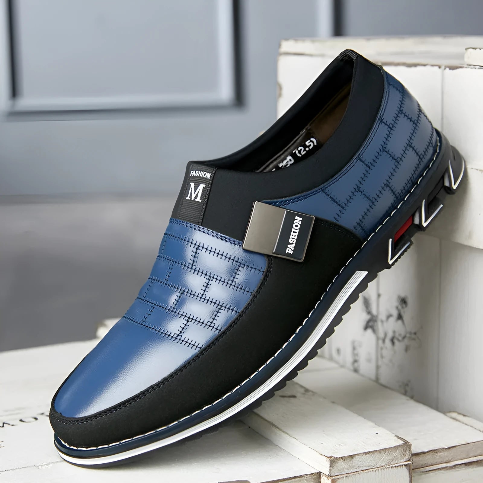 Men's black leather casual low-top shoes shown from the side
