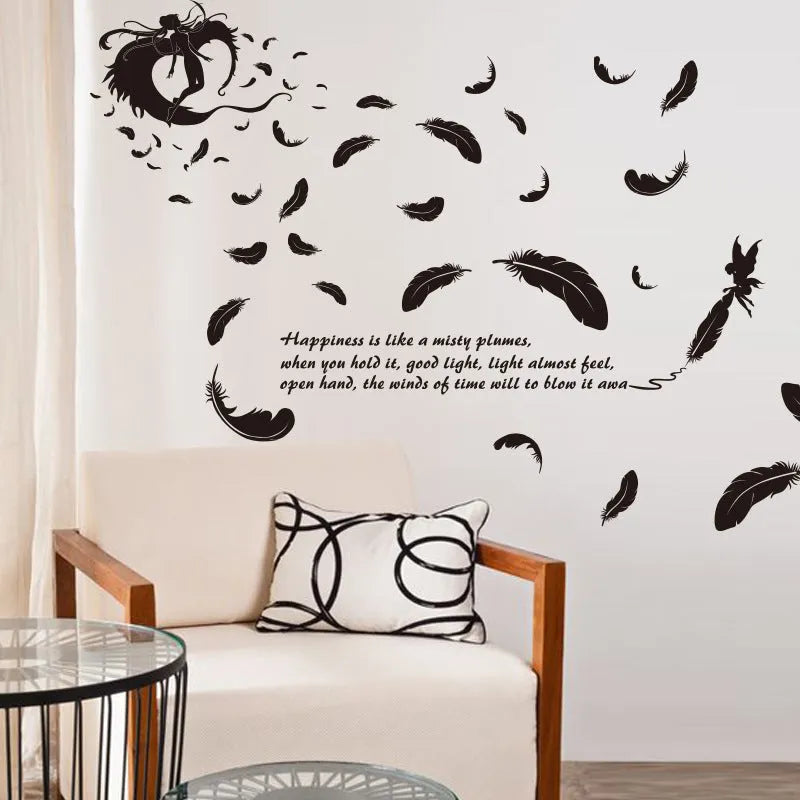 Black feather angel three generations wall sticker measuring 50x70cm for bedroom or living room decoration