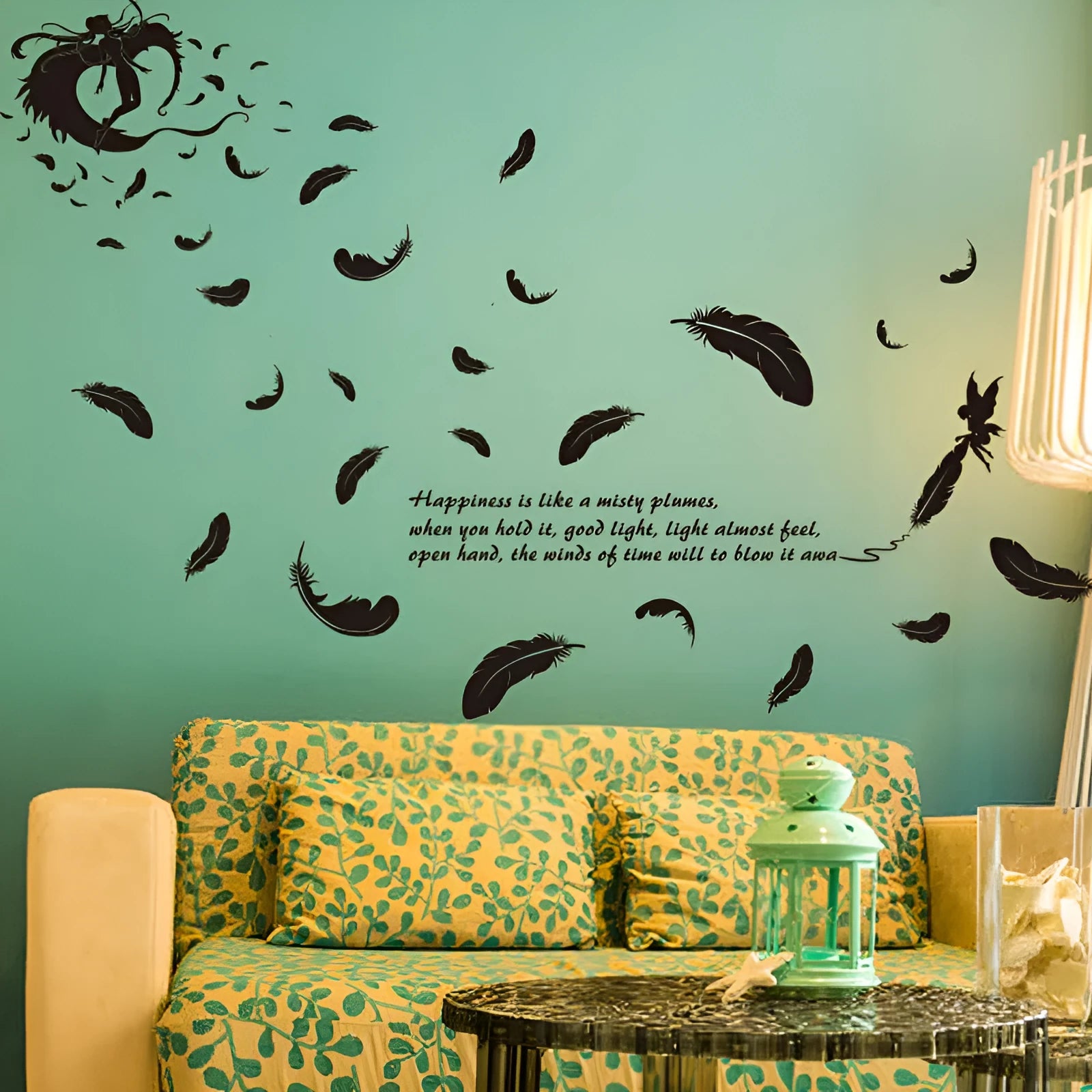 Black feather angel three generations wall sticker measuring 50x70cm for bedroom or living room decoration