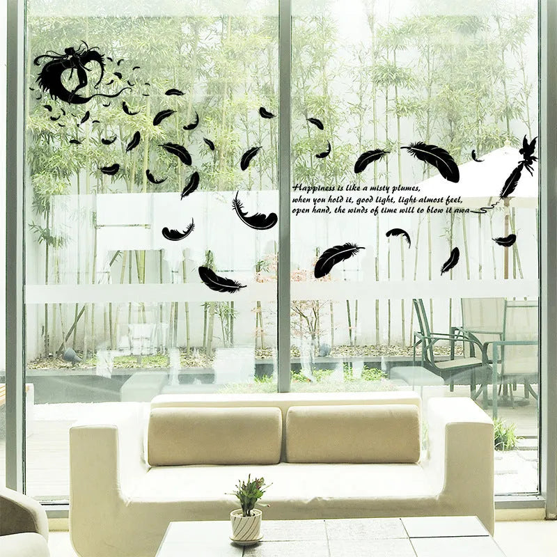 Black feather angel three generations wall sticker measuring 50x70cm for bedroom or living room decoration