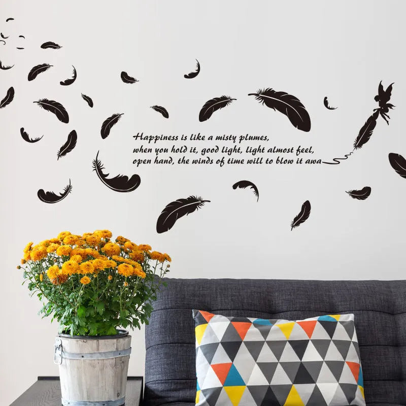 Black feather angel three generations wall sticker measuring 50x70cm for bedroom or living room decoration