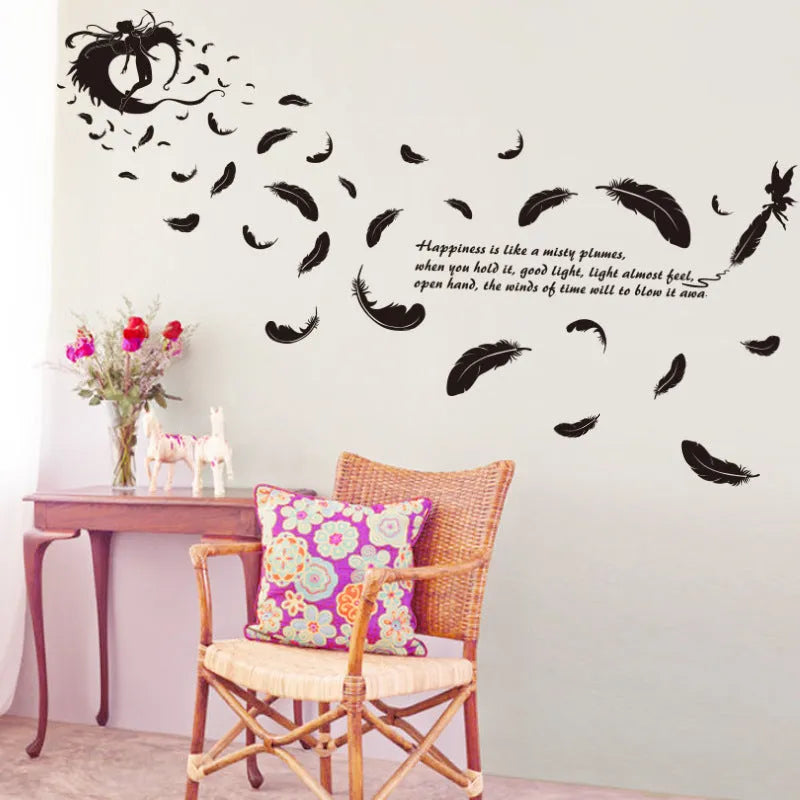Black feather angel three generations wall sticker measuring 50x70cm for bedroom or living room decoration