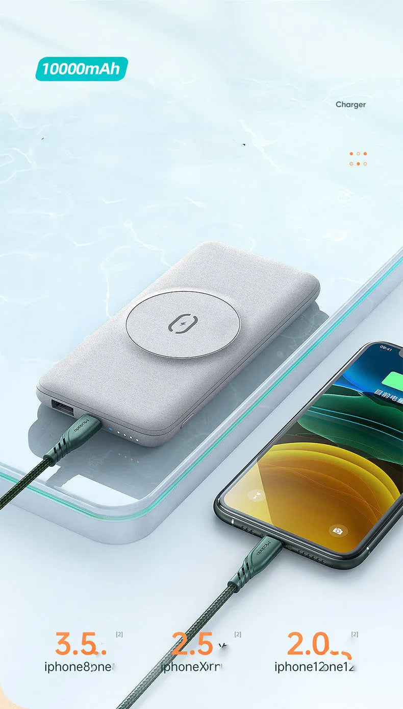 Mint green magnetic wireless power bank with back clip showing MagSafe charging surface