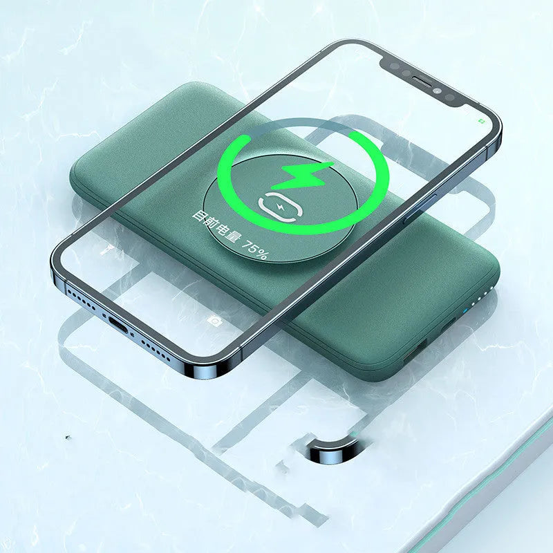 Mint green magnetic wireless power bank with back clip showing MagSafe charging surface