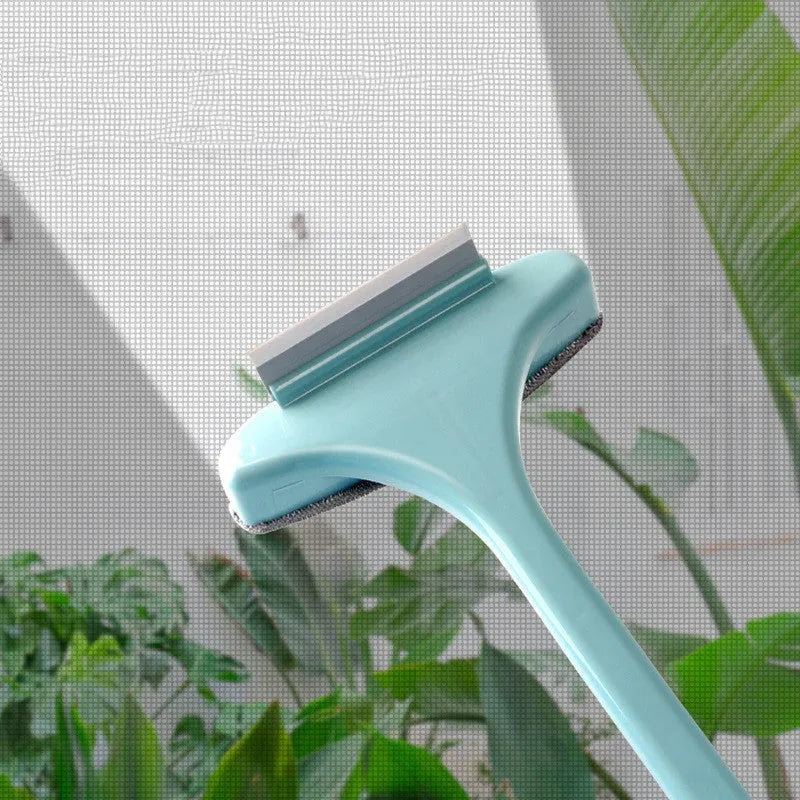 Window cleaning kit with screen brush and optional glass scraper tools in blue or pink colours