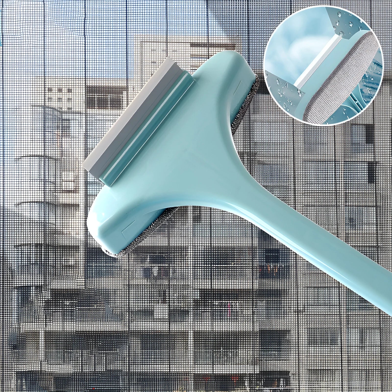 Window cleaning kit with screen brush and optional glass scraper tools in blue or pink colours