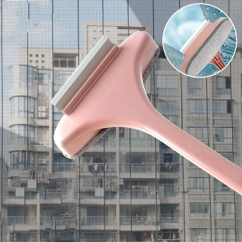 Window cleaning kit with screen brush and optional glass scraper tools in blue or pink colours