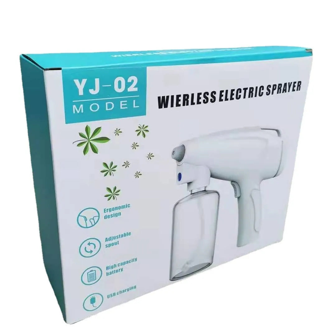 White handheld wireless electric disinfection spray gun with USB charging cable