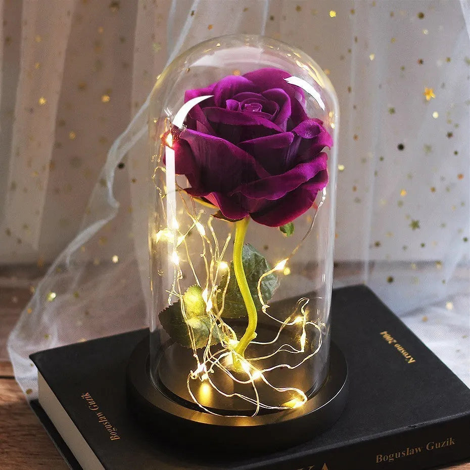 LED luminous silk rose ornament in glass cover on wood base with bendable light wire