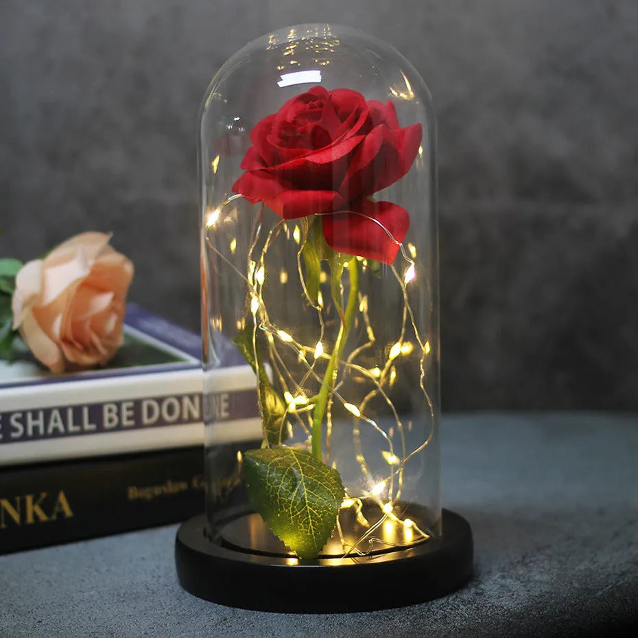 LED luminous silk rose ornament in glass cover on wood base with bendable light wire