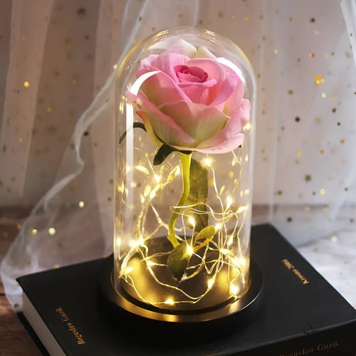 LED luminous silk rose ornament in glass cover on wood base with bendable light wire
