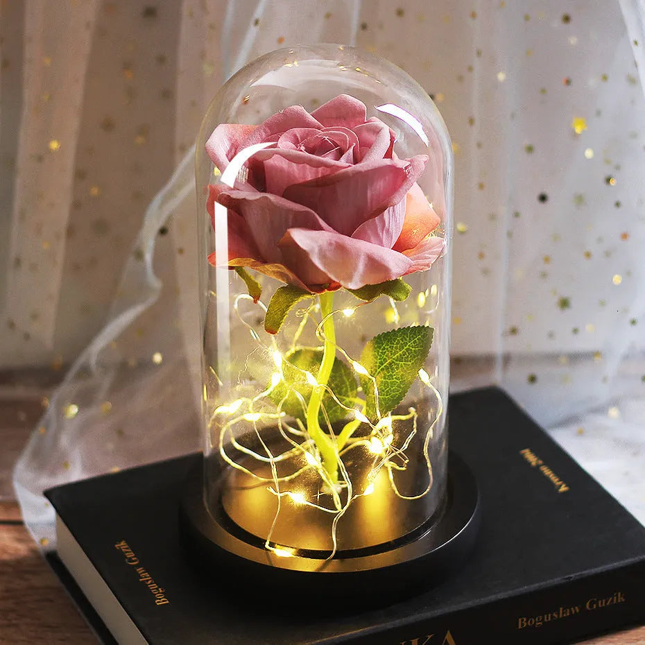 LED luminous silk rose ornament in glass cover on wood base with bendable light wire