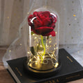 LED luminous silk rose ornament in glass cover on wood base with bendable light wire